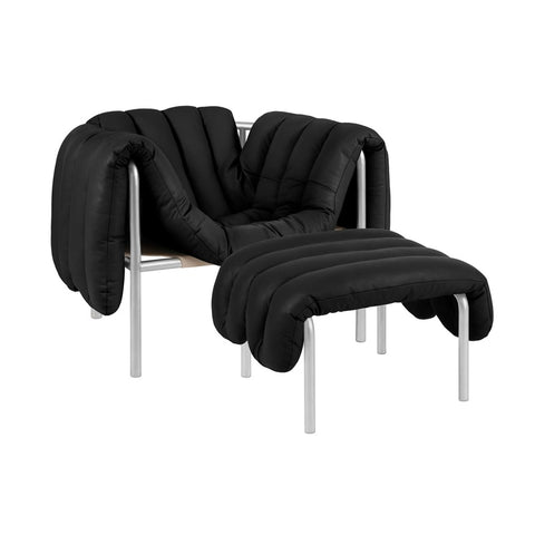 Puffy Lounge Chair + Ottoman Black Leather / Stainless