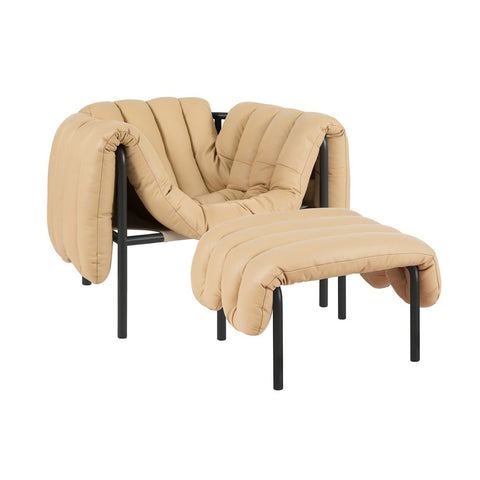 Puffy Lounge Chair + Ottoman Sand Leather / Black Grey