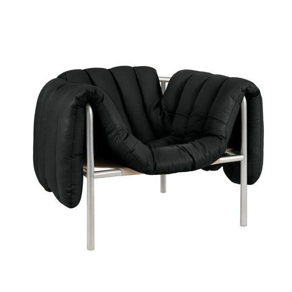 Puffy Lounge Chair Black Leather / Stainless