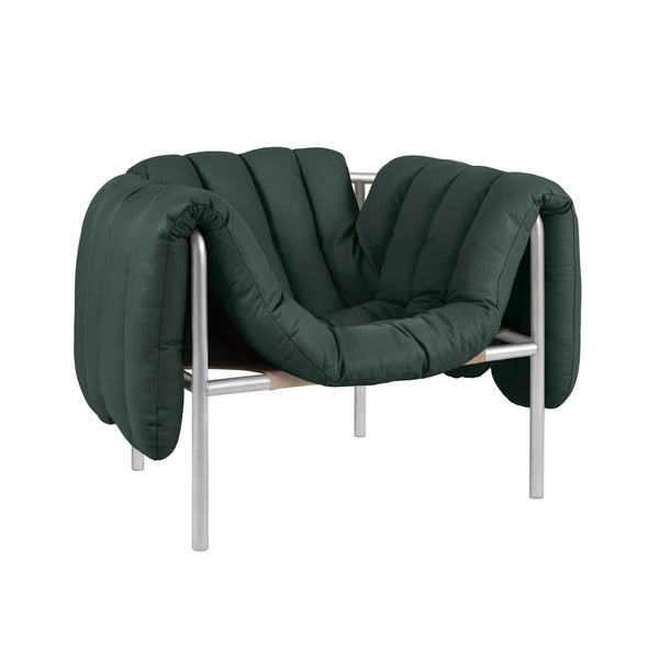 Puffy Lounge Chair Dark Green Leather / Stainless