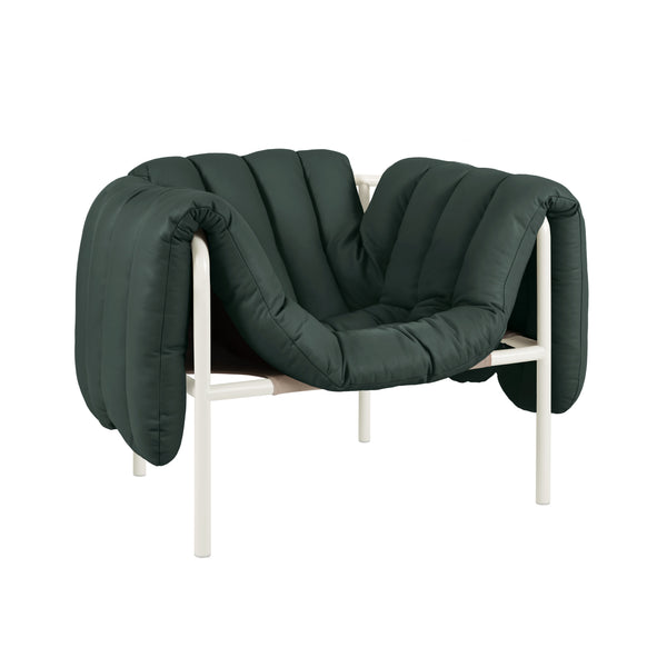 Puffy Lounge Chair Dark Green Leather / Cream