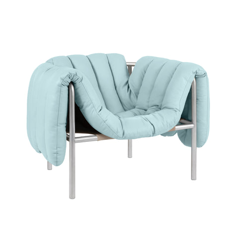 Puffy Lounge Chair Light Blue Leather / Stainless